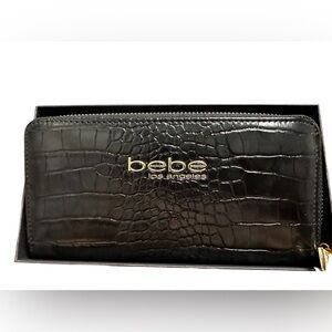 New Bebe Evelyn Croco Black Zip Around Wallet